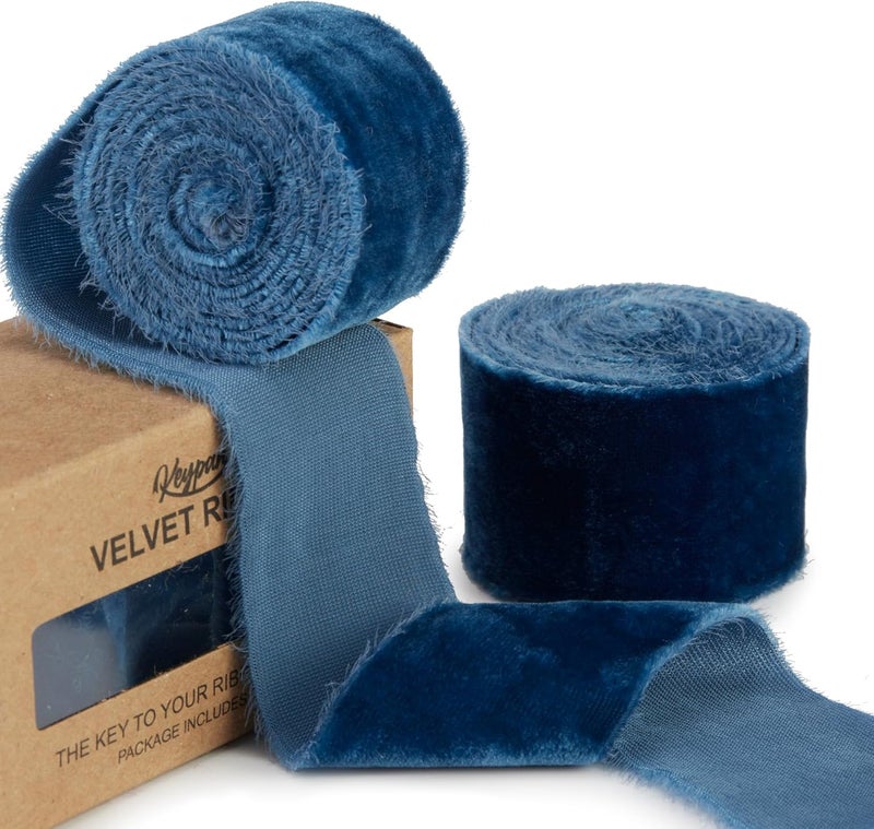 Keypan Blue Velvet Ribbon for Gift Wrapping - 1 1/2 inch Wide Handmade Fringe Fabric Ribbons for Christmas Decorations, Baby Shower, Flower Bouquet - Image 1